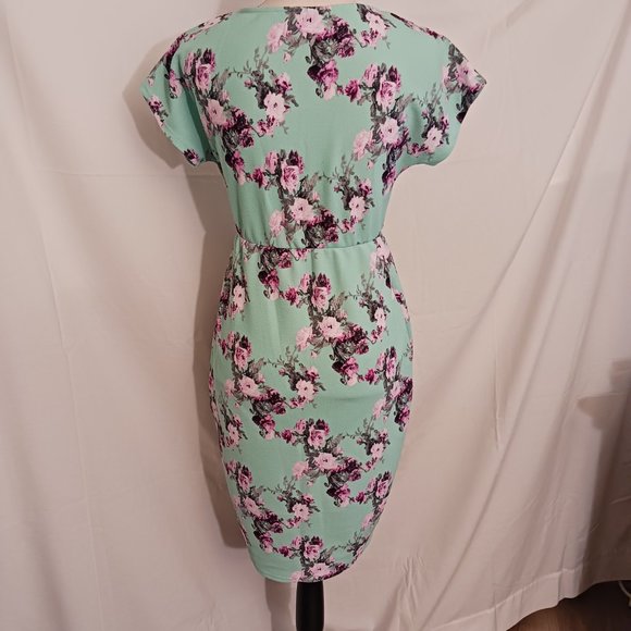 Pink Blush Teal Floral Knee Length Dress Spring Summer - Picture 8 of 10